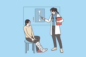 Woman doctor show xray of broken leg of young girl patient at consultation in hospital. Female GP consult injured client about trauma. Injury and recovery, rehabilitation. Vector illustration.