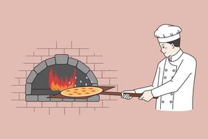 hombre cocinero cocinar Pizza en Roca horno en restaurante. sonriente masculino pizzaiolo preparar italiano sabroso rápido comida plato o comida. hombre pizza Cocinando en pizzería. comiendo afuera, entrega. plano vector ilustración.