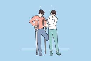 Personal caregiver help man on crutches learn walking in rehab medical institution. Caring nurse work with peron with injury or amputation. Assistance, rehabilitation center. Vector illustration.