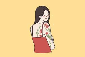 Smiling young woman with flower tattoo on arm, shoulder and back. Happy millennial generation z girl body painting drawing with ink. Hobby, art concept. Self-expression. Flat vector illustration.