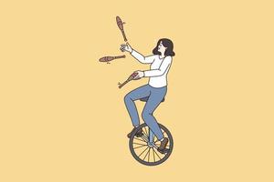 Woman ride unicycle perform juggle with skittles pins. Businesswoman multitask with different assignments and task. Life and work balance, management. Flat vector illustration, cartoon character.