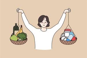 Healthy lifestyle and vitamins concept. Smiling woman standing holding baskets with fresh raw diet fruits and veggies and medical vitamins in hands vector illustration
