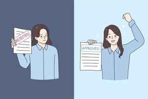 Rejection and approval in work concept. Young women workers standing with rejected document and sad face and approved document with happy excited face vector illustration