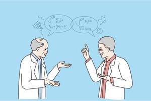 Scientist and scientific communication concept. Two men doctors scientists standing and chatting about chemicals with formulas flying above vector illustration