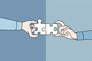 Teamwork, cooperation and collaboration concept. Hands of coworkers uniting pieces of one puzzle together over blue background vector illustration