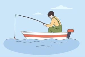 pescar y verano ocio ocupaciones concepto. joven hombre o chico sentado en barco esperando pescar al aire libre en todavía aguas vector ilustración