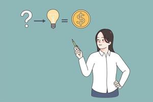 From question to making money concept. Young woman worker standing pointing at direction from question to great idea to making income profit vector illustration