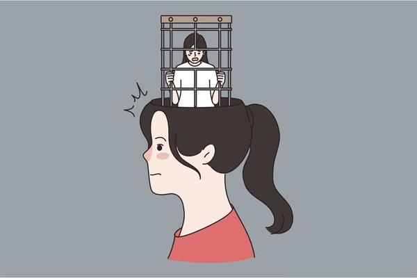 Freedom and mental health concept. Profile of young woman with prisoner in cage instead of brain and head vector illustration