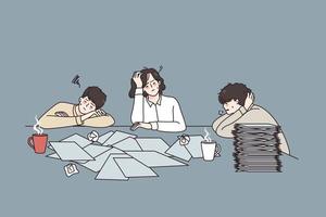 Feeling sleepy and tired concept. Group of young workers colleagues sitting with coffee at desk and heap of documents feeling sleepy and exhausted vector illustration