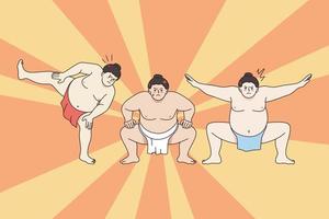 Traditional sumo wrestling fight concept. Group of japanese men fighters practicing sumo during workout or fight vector illustration