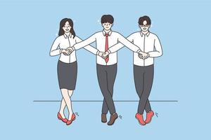 Teamwork and corporate party concept. Group of three colleagues holding hands dancing together in office during corporate event vector illustration