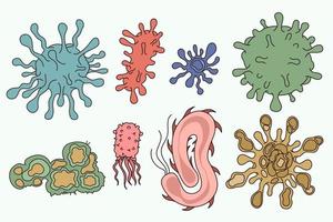 Microorganism and bacteria life concept. Set of colorful various shaped bacterias and microorganisms isolated over white background vector illustration