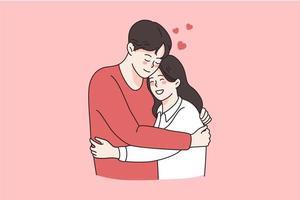 Love tenderness and romantic feelings concept. Young loving smiling couple boy and girl standing hugging embracing each other feeling in love vector illustration