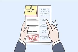 Person hands with stack of documents and bills with paid notice. Man hold invoices or sheets about debt or expense payment. Finances, banking concept. Flat vector illustration, cartoon character.