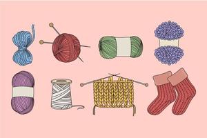 Objects and tools for knitting concept. Set of colorful wool threads needles for knitting hobby and red knit socks over pink background vector illustration