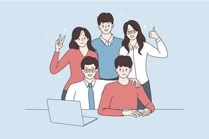 Portrait of smiling young diverse multiracial work team work together on computer. Happy multiethnic people employees pose for picture in office. Teamwork concept. Flat vector illustration.