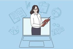 Smiling woman teacher on laptop screen teach student online on home lockdown or quarantine. Happy female tutor or coach have internet webcam class with pupil. Vector illustration. Education.
