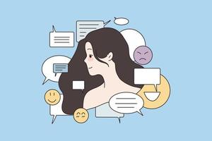 Woman surrounded by different emoticons, communicate with mood swings. Young female chat talk online with various personalities. Phishing in internet, bipolar disorder concept. Vector illustration.