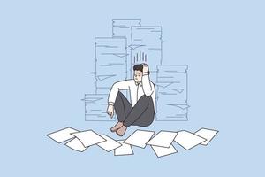 Unhappy male employee sit on floor near piles of paperwork worry about deadline. Upset stressed man worker surrounded by paper document. Overwork, fatigue concept. Vector illustration.