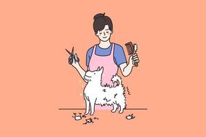 Smiling woman groom fluffy small puppy in salon. Female groomer work trim little dog in hair saloon. Taking care of domestic pet animals. Good quality service. Cartoon character, vector illustration.