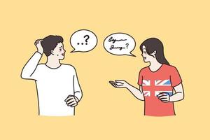 personas hablar diferente idiomas hacer no entender cada otro. extranjeros hablar sensación confuso tener malentendido. lingüístico barrera en comunicación. plano vector ilustración.