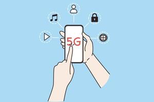 persona sostener moderno teléfono inteligente con 5g red, móvil proveedor conexión. personas cliente o cliente utilizar nuevo era tecnología en Teléfono móvil artilugio. comunicación. plano vector ilustración.