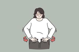 Unhappy overweight woman unable to fasten jeans, need lose weight for body keep fit. Fat female suffer from excessive bodyweight. Diet, healthy lifestyle concept. Flat vector illustration.