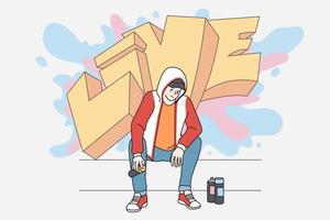 Smiling young man drawing painting graffiti with spray paint on street. Millennial generation z guy hipster make outdoor art. Hobby, artistic, subculture concept. Flat vector illustration.