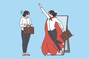 Business success and superpower concept. Young business woman with case standing looking at mirror and seeing hero super woman wearing red cape flying up vector illustration