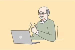 trabajando en Internet y tecnologías concepto. sonriente maduro mayor hombre en lentes sentado a ordenador portátil demostración pulgar arriba firmar con dedo vector ilustración