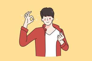 Gesture sign and good luck concept. Young man wearing red shirt standing and showing ok sign with hands fingers vector illustration