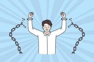 Freedom and releasing from chains concept. Young positive man standing smiling with hands raised up and broken chains feeling excited and free vector illustration