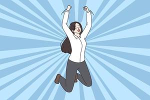 Celebration and success happiness concept. Young smiling woman jumping with raised hands feeling excited celebrating success winning vector illustration