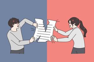 Divorce and sharing property concept. Young angry furious couple man and woman fighting sharing official paper property pulling to both sides vector illustration