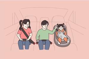 Smiling three kids of different age in car backseat use safety belts and child seat for protection. Children safe in automobile. Life saving habit and rules. Vector illustration, cartoon characters.