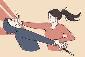 Woman fight thief protect herself from criminal mugging robbing. Decisive strong female defend beat burglar bandit on street. Self defense concept. Flat vector illustration, cartoon character.
