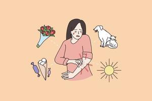 Unhappy sick woman scratch itch body suffer from seasonal allergy. Unwell girl struggle with itchy skin, inflammation. Eczema or atopic dermatitis, skincare problem concept. Vector illustration.