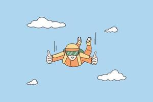 Happy parachutist flying in skies enjoy active sport lifestyle. Smiling parachute skydiver jump from air. Skydiving, extreme entertainment concept. Cartoon character, flat vector illustration.