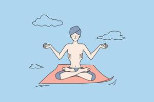 yogui hombre en turbante meditar práctica yoga en loto posición mudra manos. calma indio masculino gurú instructor tener meditación sesión, respirar Fresco aire aliviar negativo emociones vector ilustración.