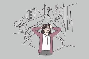 Anxious woman citizen panic leave city escape because of earthquake. Worried female stressed about town natural disaster. Environmental catastrophe, nature disaster, emergency. Vector illustration.