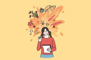 Young woman hold paper think or visualize ideas, brainstorm contemplating. Millennial girl student write in notebook, engaged in creative thinking. Inspiration, visualization. Vector illustration.