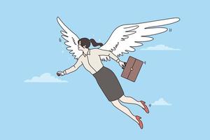 Happy businesswoman with wings behind her back fly motivated by career success or promotion. Excited woman employee goal achievement accomplishment. Employment. Flat vector illustration.