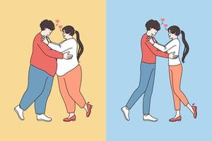 Young couple in love before and after diet. Happy man and woman hug lose weight do sports follow healthy lifestyle together. Wellness and nutrition concept. Vector illustration, cartoon character.