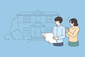 Buying new apartment and real estate concept. Young family husband and wife standing with contract looking at their new apartment exterior vector illustration