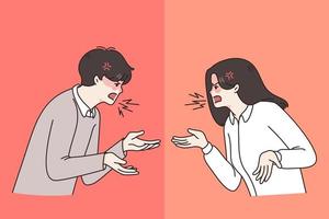 Furious couple yell scream at each other suffer from misunderstanding in relationships. Angry man and woman shout, have family fight or argument. Breakup, divorce concept. Vector illustration.