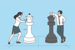 Business strategy and competition concept. Business people woman and man standing and playing chess with chess figures during rivalry vector illustration