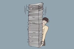 Overwork and pressure at work concept. Young stressed man worker carrying huge stack heap of papers documents feeling tired vector illustration