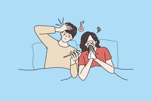 Fever and getting cold concept. Young couple man and woman staying in bed with high temperature feeling ill sick and having flu vector illustration