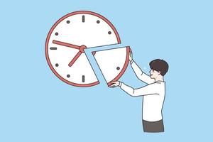 Time deadline and management concept. Young positive man standing and forming whole picture adding one missing piece to huge watch clock over blue background vector illustration