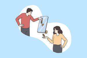 Online payment and earning concept. Young man paying golden coins and girl receiving money online on another side of smartphone screen vector illustration